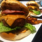 Cheese burger with pale ale cheese slices and sweet potato fries